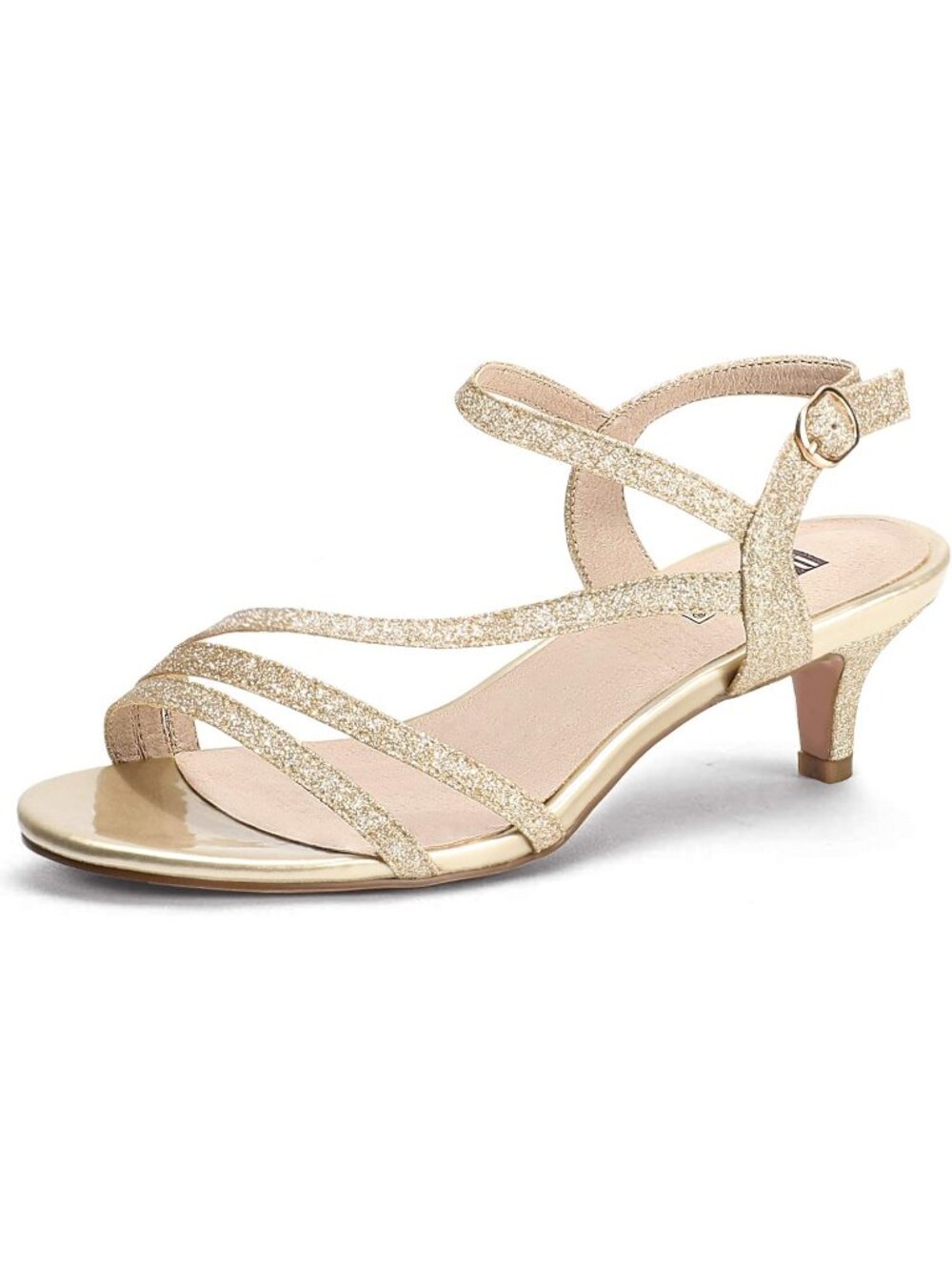 Women's Gold Glitter Low Kitten Heels Open Toe Heel Buckle Ankle Strap Sandals